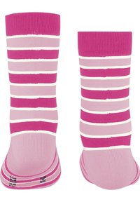 Kniestrümpfe in Pink mit abwechselnden weißen und hellpinken horizontalen Streifen. Aus einem weichen, dehnbaren Stoff gefertigt. Verstärkter Zehenbereich.
