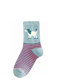 Hellblaue Baumwollsocke mit einer Pudelgrafik, die rosa und marineblaue Streifen aufweist. Weicher Stoff mit einem gerippten Bündchen und verstärktem Zehenbereich.
