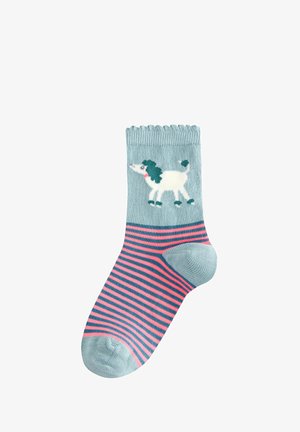 Vaaleansininen puuvillasukka, jossa on puhdaslinjainen graafinen kuva villakoirasta. Sukassa on vaaleanpunaisia ja tummansinisia raitoja. Pehmeä rakenne, jossa on ribattu varsi ja vahvistettu kengän kärki.