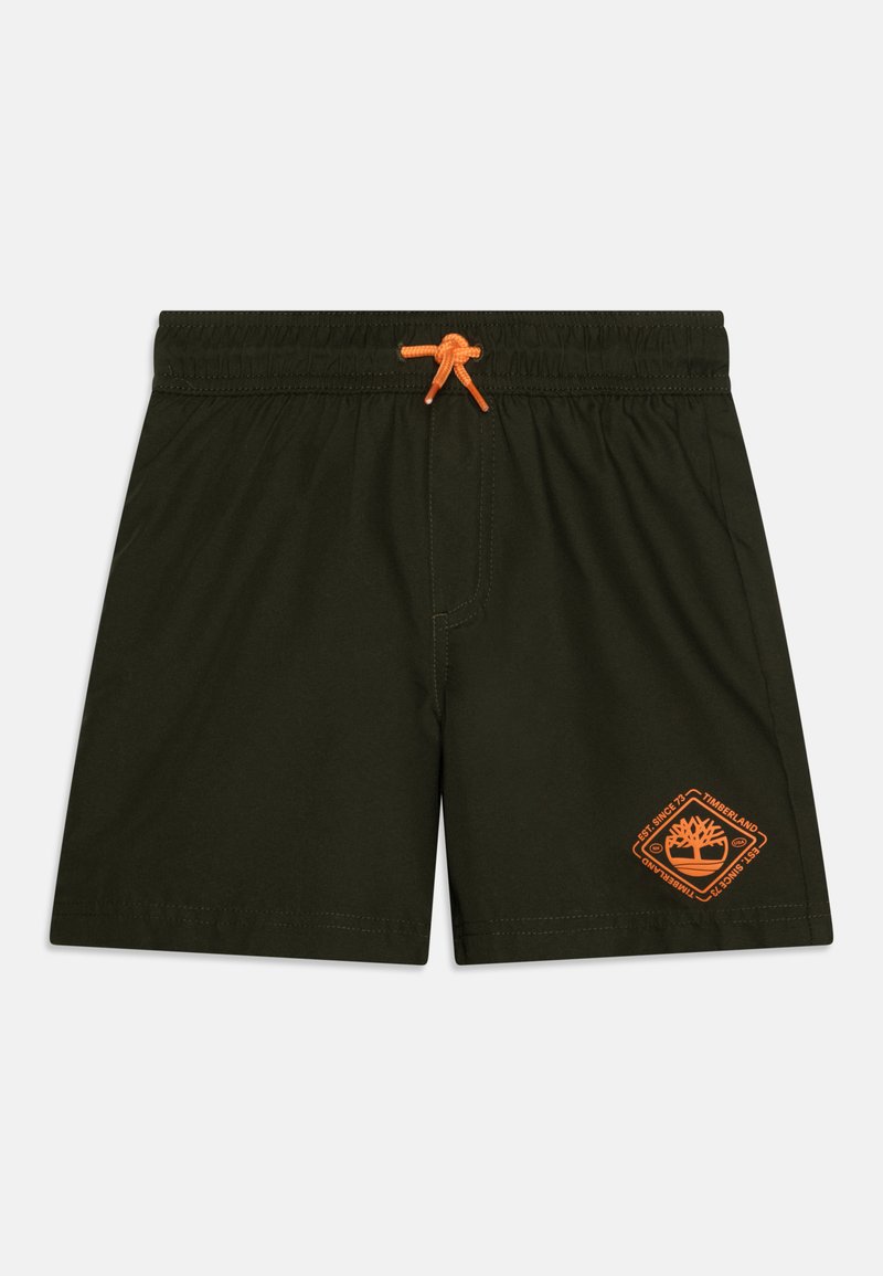 Zelené plávacie šortky s elastickým pásom a oranžovým sťahovacím šnúrkou. Na dolnej ľavej strane sa nachádza diamantové logo Timberland v oranžovej farbe.