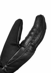 Black leather glove featuring a textured grip panel, smooth finish, and a sleek design. Thumb and forefinger are substantial in shape.