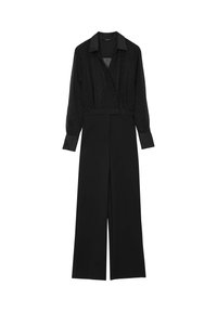 Jumpsuit noir avec des manches longues en tulle, un large col, des poignets boutonnés et un pantalon large.