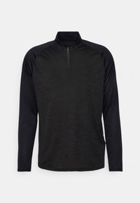 Långärmad svart tröja med halv dragkedja och hög krage, med enfärgade svarta ärmar och något texturerad kroppstyg.