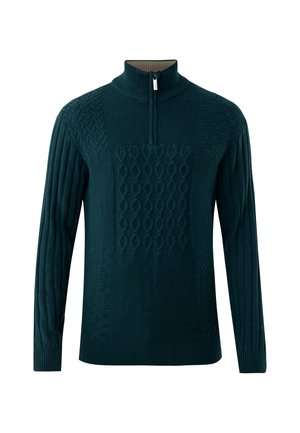 Dunkelblauer Strickpullover mit Viertelreißverschluss-Kragen. Verfügt über strukturierte Muster, einschließlich Zopfmuster und diagonalen Stichen, mit gerippten Ärmeln.