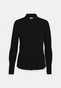 Camicia nera a maniche lunghe con bottoni, realizzata in tessuto liscio, con colletto classico, bottoni frontali e polsini aderenti. Nessun motivo visibile.