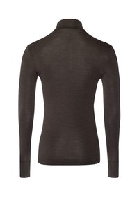 Długi rękaw, ciemnobrązowa koszulka z dzianiny z wysokim kołnierzem, gładką teksturą i dopasowanym krojem, bez widocznych wzorów czy ozdobników.