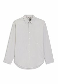 Vaaleanharmaa pitkähihainen paita pystysuorilla raidoilla, klassisella kauluksella, napitettavalla edustalla, pyöristetyllä helmalla ja pienellä logolla rinnassa.