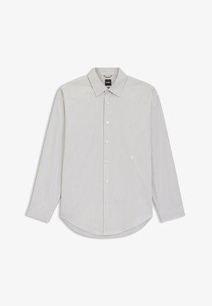 Lichtgrijs shirt met lange mouwen en verticale strepen, klassieke kraag, knoopsluiting aan de voorkant, afgeronde zoom en een klein logo op de borst.