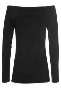 Černý top s odhalenými rameny a dlouhými rukávy vyrobený ze strečové tkaniny, který má hladký povrch a přiléhavý střih s rovnými lemy.