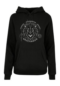 Čierna mikina s kapucňou so grafikou leva a nápisom "GRYFFINDOR" spolu s pojmami "ODVAHA", "ROZHODNOST" a "STATEČNOSŤ" v kruhovom dizajne.