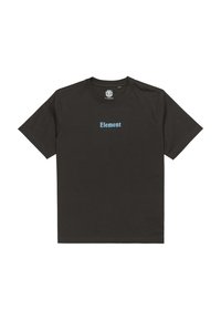Sort bomulds t-shirt med rund hals og korte ærmer, med "Element" trykt i blå over brystet. Enkel, uudsmykket design.