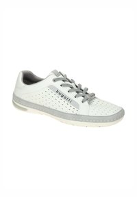 Weiße Sneaker aus Leder mit grauen Akzenten. Verfügt über perforierte Seiten, eine abgerundete Zehenpartie und ein Schnürsystem. Leichte Sohle mit leichter Dämpfung.