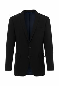 Schwarzer maßgeschneiderter Blazer mit zwei Knöpfen, Reverskragen und einer einzigen Brusttasche. Glattes Material mit einem blauen Futter, das an den offenen Seiten sichtbar ist.