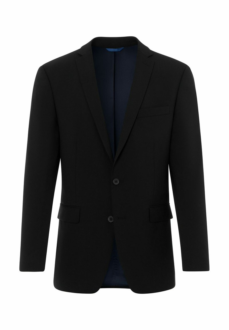 Schwarzer maßgeschneiderter Blazer mit zwei Knöpfen, Reverskragen und einer einzigen Brusttasche. Glattes Material mit einem blauen Futter, das an den offenen Seiten sichtbar ist.