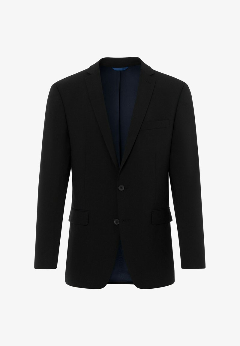 Schwarzer maßgeschneiderter Blazer mit zwei Knöpfen, Reverskragen und einer einzigen Brusttasche. Glattes Material mit einem blauen Futter, das an den offenen Seiten sichtbar ist.