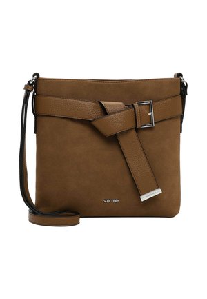 Brown suede crossbody bag with a textured leather accent and a buckle detail. Features a long adjustable strap and logo at the bottom.