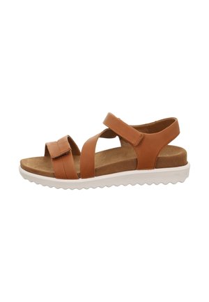 Braune Ledersandalen mit zwei verstellbaren Riemen, offenes Zehen-Design, gepolsterte Innensohle und weißer Gummisohle mit gewelltem Profil.
