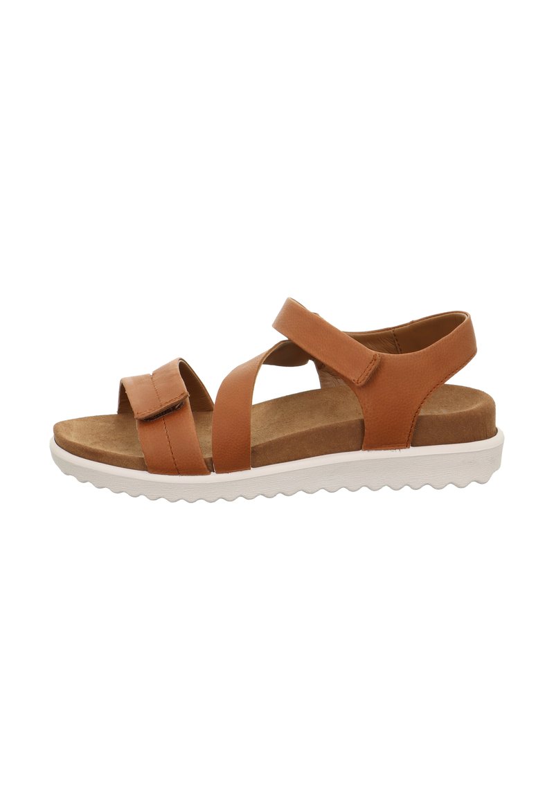 Braune Ledersandalen mit zwei verstellbaren Riemen, offenes Zehen-Design, gepolsterte Innensohle und weißer Gummisohle mit gewelltem Profil.