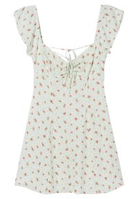 Šaty se květinovým vzorem v světle zelené látce, s krátkými volánkovými rukávy, zavazováním na zádech a nařasením vpředu.