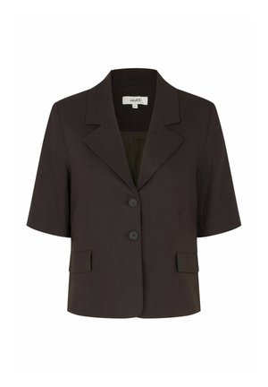 Donkerbruine korte mouw blazer met inkeping revers, twee knopen aan de voorkant en twee klepzakken, maat small.