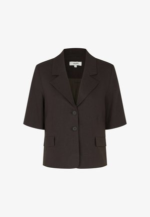 Blazer marrón oscuro de manga corta con solapas con muesca, dos botones delanteros y dos bolsillos con solapa, talla pequeña.