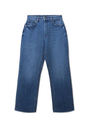 Jeans in denim blu con taglio dritto, vita alta, due tasche anteriori e chiusura con zip. Il tessuto ha una consistenza liscia.