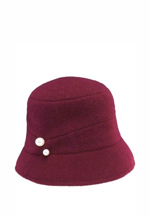 Deep red felt bucket hat with two decorative white pearl-like buttons on the side and a slightly flared brim.