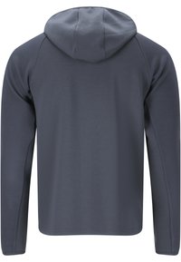 Donkergrijze capuchonjas met gestructureerde lange mouwen, van achteren getoond op een witte achtergrond.