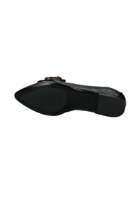 Scarpa flat nera in pelle con una punta leggermente affusolata, dettagli testurizzati e tacco basso. La suola è liscia e in gomma.