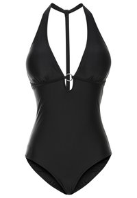 Maillot de bain une pièce noir avec un décolleté en V profond, des bretelles halter et un détail circulaire à l'avant. Tissu lisse et extensible sans motifs.