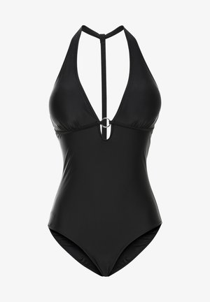Maillot de bain une pièce noir avec un décolleté en V profond, des bretelles halter et un détail circulaire à l'avant. Tissu lisse et extensible sans motifs.