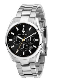 Orologio Maserati in acciaio inossidabile con quadrante nero, indici delle ore argentati, dettagli gialli, tre sotto-quadranti e display della data.