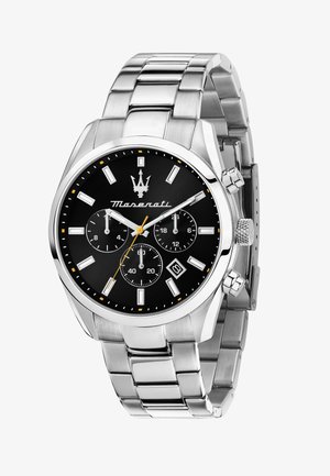 Maserati roestvrijstalen horloge met een zwarte wijzerplaat, zilveren urenmarkeringen, gele accenten, drie sub-dials en datumweergave.