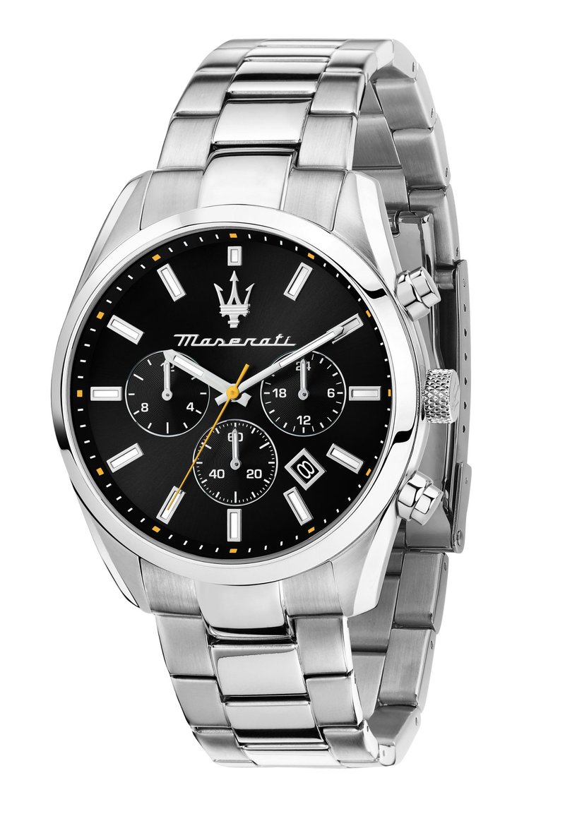 Orologio Maserati in acciaio inossidabile con quadrante nero, indici delle ore argentati, dettagli gialli, tre sotto-quadranti e display della data.