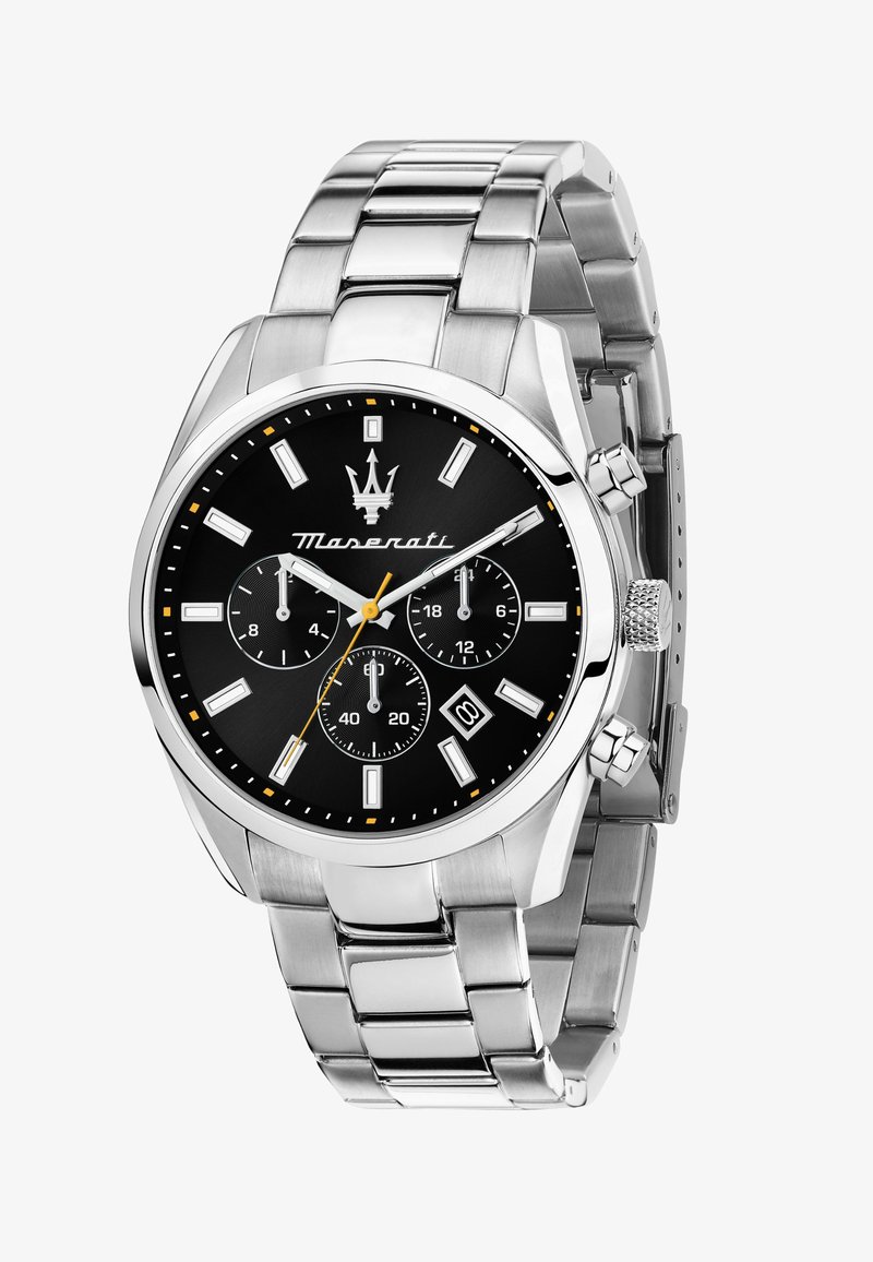 Orologio Maserati in acciaio inossidabile con quadrante nero, indici delle ore argentati, dettagli gialli, tre sotto-quadranti e display della data.