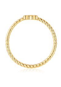 Arany csavaros gyűrű sima, henger alakú tetejű akcentussal. Fonott mintázat jellemzi, fényes, tükröződő felülettel.
