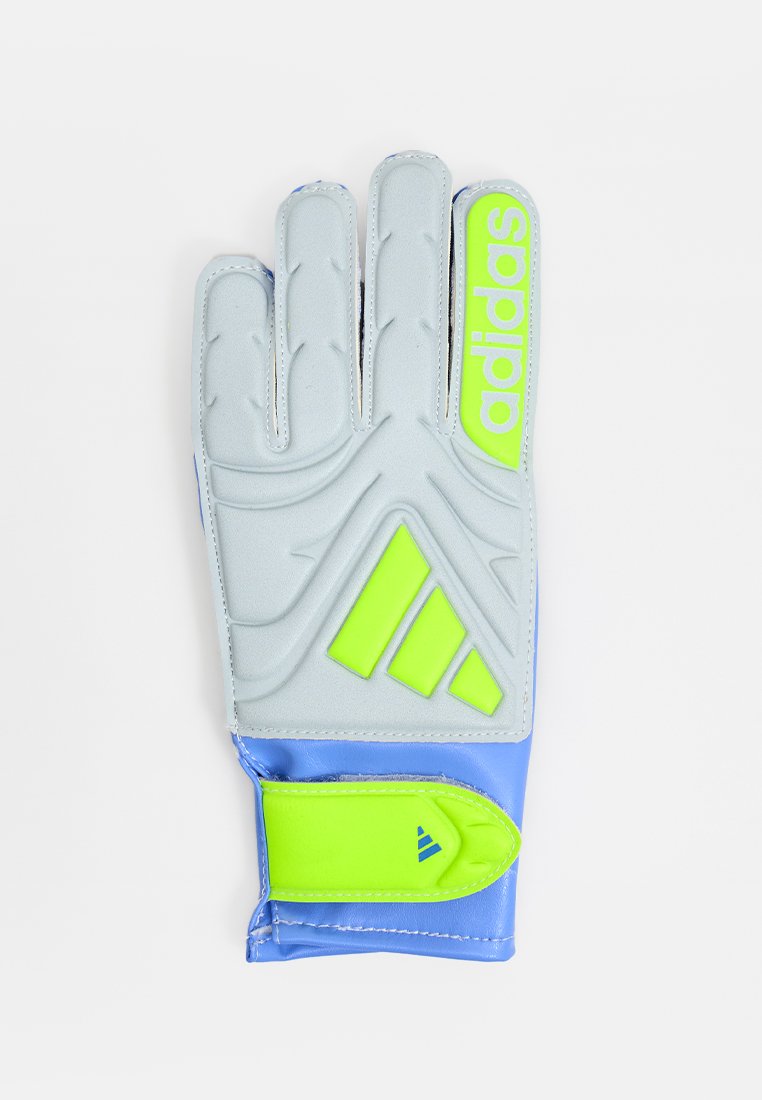 Graue Torwart-Handschuhe mit grünen und blauen Akzenten, ausgestattet mit einer strukturierten Griffoberfläche, gepolsterten Bereichen und einem verstellbaren Handgelenkband.
