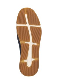 Rubberen zool met een gestructureerd ontwerp, bestaande uit een bruine rubberen materiaal en witte accenten, die grip en stabiliteit biedt.