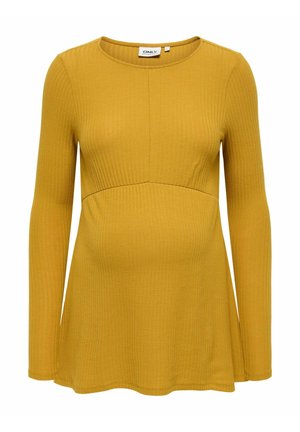 Hořčicová těhotenská halenka s dlouhými rukávy, ribkovanou texturou, kulatým výstřihem a rozšířeným spodním okrajem pro pohodlí a snadnost pohybu.