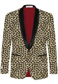 Blazer con stampa leopardata in beige con dettagli neri, colletto a scialle in satin, rever a punta e fodera interna rossa; presenta due tasche frontali.