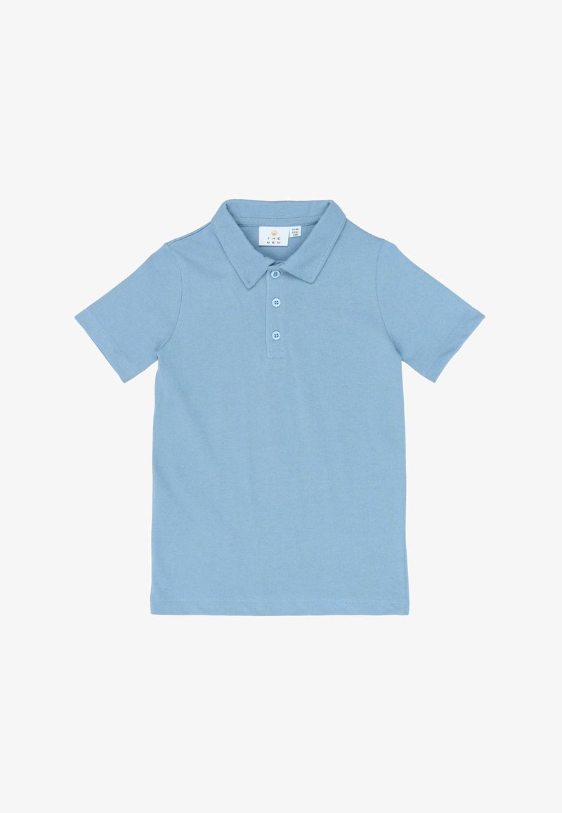 Polo bleu clair en coton, avec col, manches courtes et patte de boutonnage à trois boutons. Design simple et couleur unie.
