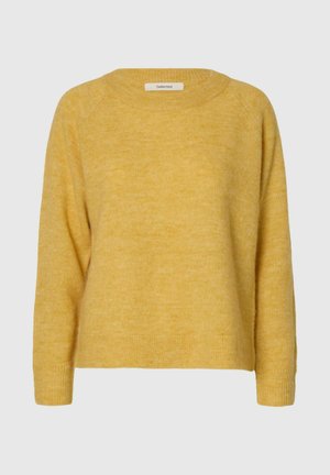 Maglione giallo in lana con scollo rotondo, maniche lunghe, polsini e orlo a costine, con etichetta del marchio "Selected" all'interno della scollatura.