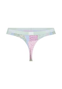 Sous-vêtement string avec un design patchwork pastel comprenant des couleurs vert, violet, rose et bleu et des motifs abstraits sur fond blanc.