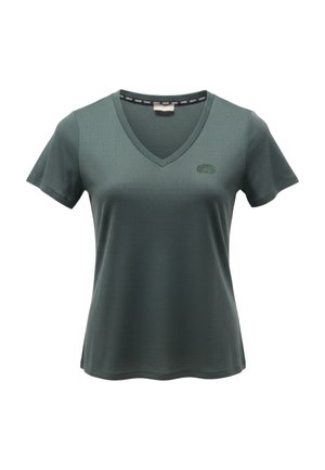 Maglietta verde a maniche corte con scollo a V, tessuto strutturato e piccolo logo ricamato sul petto a sinistra.