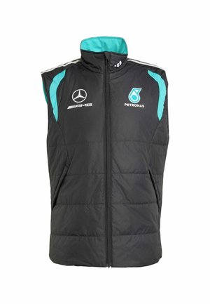 Black sleeveless quilted vest with turquoise accents, Mercedes AMG and Petronas logos on chest, and a front zipper closure.