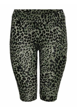 Green animal print bike shorts with a stretchy, smooth texture. Features a wide waistband and a knee-length cut. Black leopard spots are prominent.