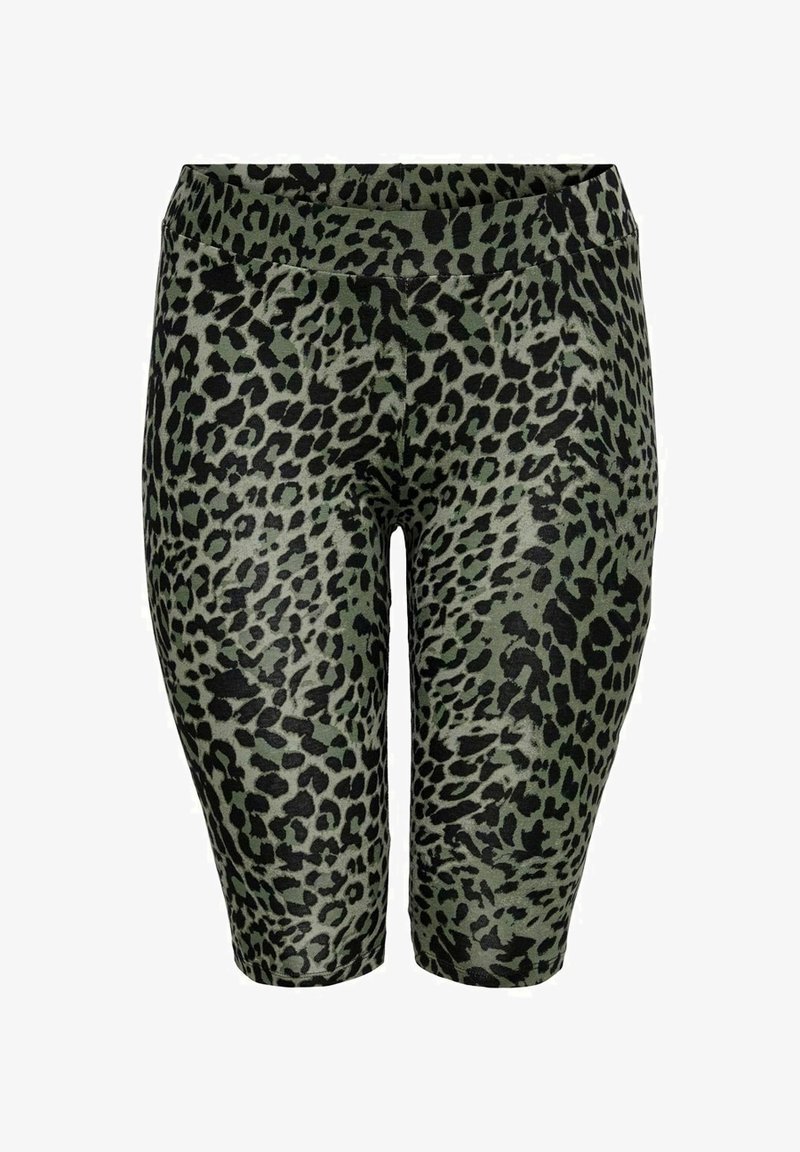 Zelené cyklistické šortky s potiskem zvířecího vzoru, vyrobené z elastického a hladkého materiálu. Mají široký pas a střih do délky kolen. Na šortkách jsou výrazné černé leopardí skvrny.