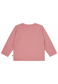 Rosa Baumwollpullover mit langen Ärmeln und strukturierter Rippoptik, Rundhalsausschnitt und einem kleinen Logotag an der Seite. Einfaches, lässiges Design.