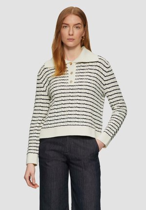 Gestreepte sweater in crèmekleur met marineblauwe horizontale strepen, voorzien van een kraag en een detail van drie knopen; ribgebreide manchetten en zoom.