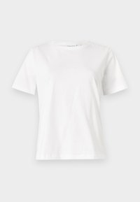 Witte katoenen t-shirt met korte mouwen, ronde halslijn en een ontspannen pasvorm. Gladde textuur, geen patronen of accenten, minimalistisch ontwerp.